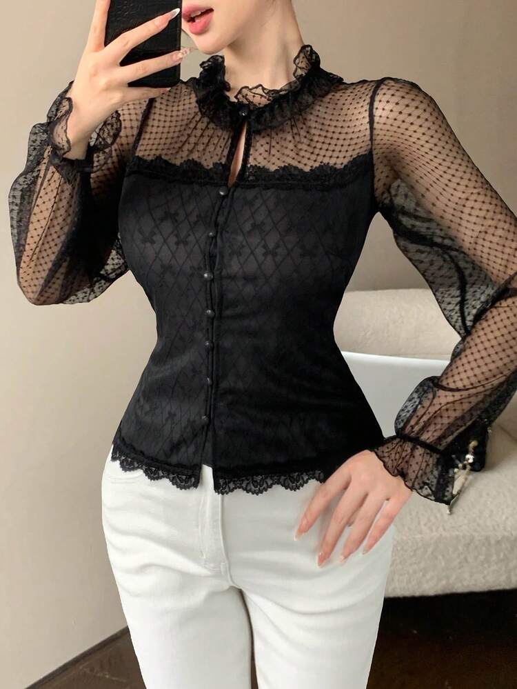 Women's Black Polka Dot Sheer Mesh Patchwork Lace Blouse, Elegant For Valentine's Day, Wedding, Party, Formal Occasion, Slim Fit Thin Mesh Long Sleeve Top, Suitable For Summer, Autumn, Spring