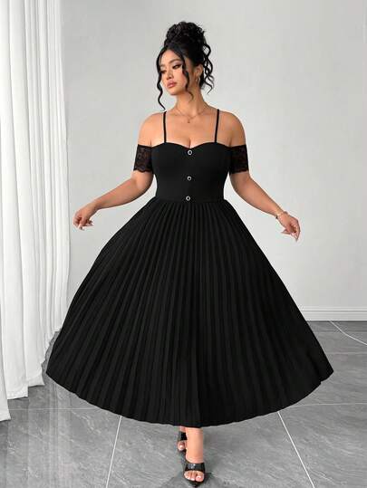 Elenzga Plus Size Women's Solid Color Off-Shoulder Pleated Elegant Cinched Waist Spaghetti Strap Dress, Suitable For Dates And Parties