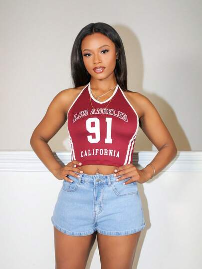 Steph T 街头服饰女式休闲时尚街头风格拼色洛杉矶 91 数字印花性感细肩带背心