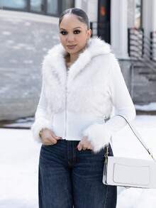 Melissa Matos Fashionable Street Style White Faux Fur Zip-Up Long Sleeve Jacket For Women, Autumn/Winter,Fall - White - View 3