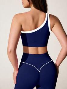 SHEIN Core Rhythm Bộ đồ thể thao nữ gồm áo tank top yoga lệch vai không đường may và quần tập nâng mông co giãn cao. - Màu xanh hải quân - Xem 4