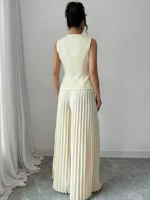 Elenzga Bộ đồ công sở thanh lịch, lãng mạn, tối giản dành cho nữ, gồm áo blazer không tay cổ lệch, eo thắt, xếp ly, cài nút trang trí và quần dài. - Vàng nhạt - Xem 2