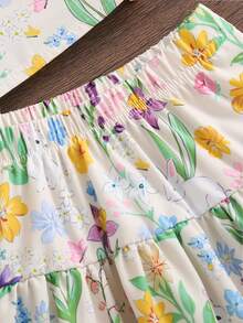 Vestido de dos piezas con estampado de flores y conejos, de manga corta, con un estilo pastoril de primavera y verano para niñas pequeñas. La tela es suave y cómoda, adecuada para diversas ocasiones como salidas de fin de semana, fotografía al aire libre, actividades escolares, reuniones y vacaciones. - Albaricoque - Ver 8