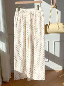 SHEIN EZwear 女款編織圓點圖案綁腰寬腿長褲 純棉 白色 夏季 度假款 - 白色 - 查看 2