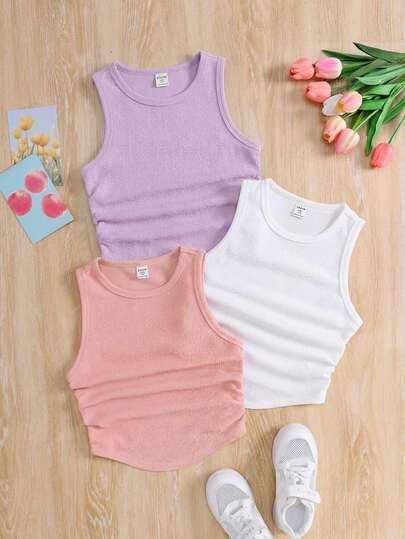 SHEIN 3pcs Young Girl Knitted Solid Color Stand Collar Fitted Casual Cropped Tank Top Set
