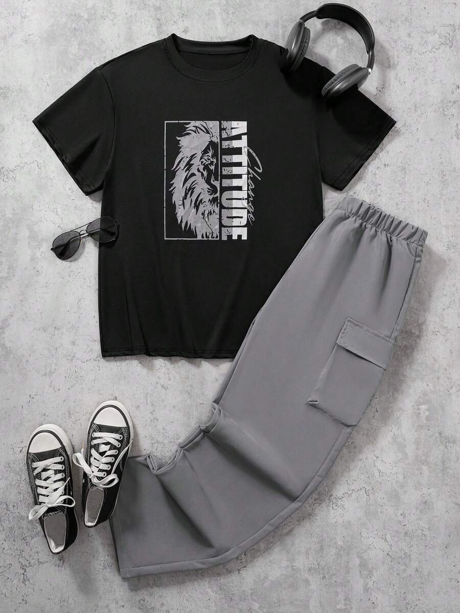 Coolqubz 2pcs/Set Teens' Loose Version Round Neck Stylish Lion Graphic Pullover & Straight Leg Casual Pants Set - Grey - View 1