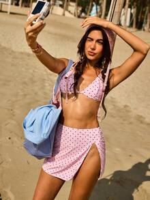 Swim Mod Women's Summer Beach Polka Dot Halter Tie Sexy Bikini Set With Matching Skirt 2 Pieces Set Swimwear - Pink - View 2
