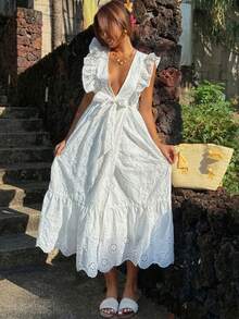 DAZY Textured Jacquard Deep V-Neck Ruffle Waist Maxi Skirt Dress, Elegant Summer Holiday Long Dress For Women - White - View 5
