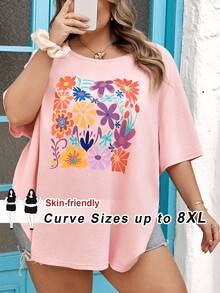 SHEIN CURVE+ Curve 尺码 US22 音乐节、海滨度假、波西米亚风女式印花T恤，休闲百搭，适合假日和日常穿着 - 粉色 - 查看 2