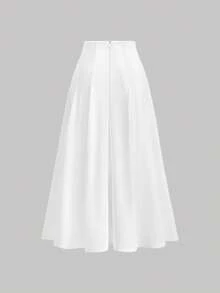 SHEIN MOD Petite Solid High Waist Topstitch Fold Pleated Flare White Skirt - White - View 2