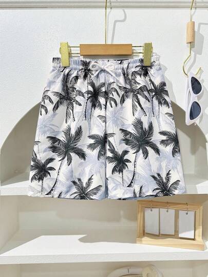 SHEIN Boys' Personalized Swimwear Shorts, Palm Leaf Print Design, Comfortable And Suitable For Swimming Pool And Beach
