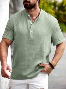 Manfinity Homme Manfinity Nomadique Men's Casual Cotton-Linen Shirt Summer Hengli Collar - Green - View 3