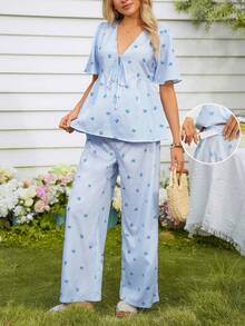 SHEIN 系带印花上衣和阔腿裤孕妇两件套 - 藍色 - 查看 1