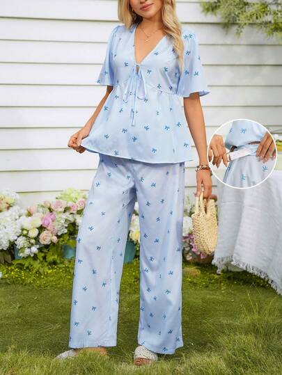 SHEIN Lace-Up Printed Top And Wide-Leg Pants Maternity 2 Pieces Set