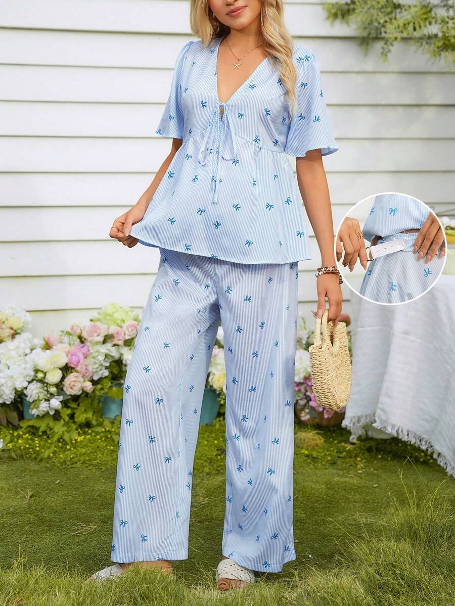 SHEIN 系带印花上衣和阔腿裤孕妇两件套 - 藍色 - 查看 1
