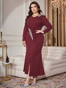 Modelyn 大码女式亮片装饰领长袖褶皱腰部闪亮派对连衣裙 - 酒紅色 - 查看 7