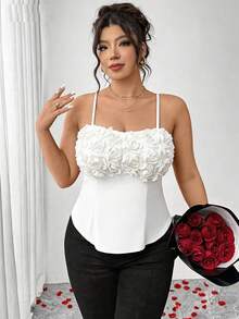 Elenzga Áo hai dây nữ cỡ lớn màu đỏ trơn thanh lịch với họa tiết hoa hồng 3D, thích hợp cho các buổi đi chơi ngày Valentine, tiệc tùng, hẹn hò và phối cùng áo kiểu. - trắng - Xem 1