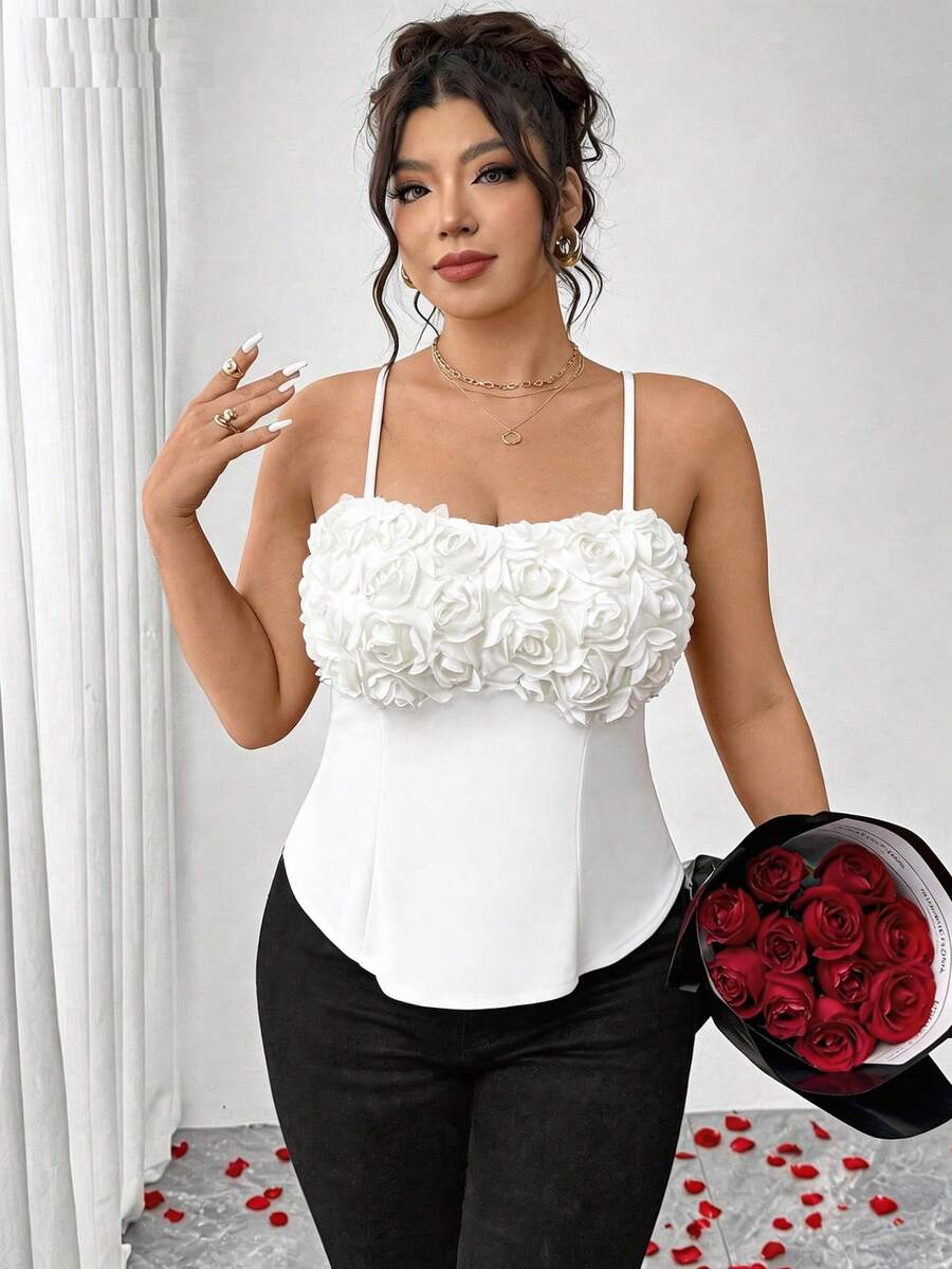 Elenzga Áo hai dây nữ cỡ lớn màu đỏ trơn thanh lịch với họa tiết hoa hồng 3D, thích hợp cho các buổi đi chơi ngày Valentine, tiệc tùng, hẹn hò và phối cùng áo kiểu. - trắng - Xem 1