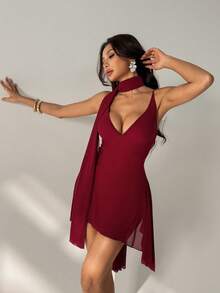 SHEIN PETITE Summer Beach Vacation Elegant Solid Black Deep V-Neck Ribbon Mini Dress, Suitable For Daily Dating, Night Out, Nightclubs, Parties, Get-Togethers, Cocktail Parties, Holiday Jumpsuits, Pool Parties, Office Wear, Commuter Dresses,Rave Outfits Festival - Red - View 6