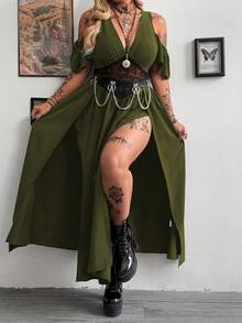 Whyspr Plus Size V-Neck Lace Patchwork Short Sleeve A-Line Dress With Double Slits, Elegant Vintage Punk Style For Women - Army Green - View 6