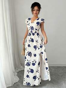 Rafferiza 女士碎花束腰开衩连衣裙 - 杏色 - 查看 6