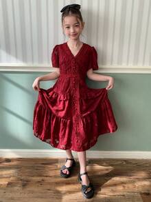 Dazy Kids Burgundy V-Neck Ruffle Trim Tween Girls Dress - Burgundy - View 3