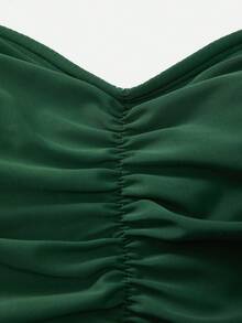 Swim Oasis Dark Green Summer Elegant Beach Holiday Women's Waist Gathered One-Piece Swimwear&Printed Cover-Up Dress Set, Casual Music Festival Party Outfits - Army Green - View 12
