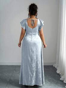 Elenzga Đầm dài tay bồng cổ vuông xẻ tà dành cho nữ cỡ lớn, chất liệu vải jacquard bóng màu xanh lá cây, đa năng cho đi làm, mặc hàng ngày, dự tiệc cưới, dạ hội, lễ tốt nghiệp, mua sắm, chụp ảnh, thoải mái và thời trang. - Màu xanh lam - Xem 2