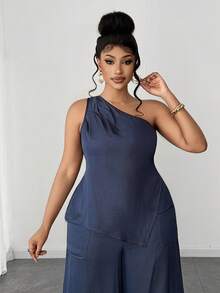 Maweii Setelan 2 Potong Efek Denim Asimetris Bahu Seksi Ukuran Plus - Navy Blue - View 2