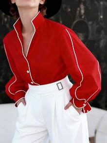 Airaco Women's Elegant Casual Color Block Trim Loose Blouse - Red - View 4