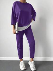 Cottnline 2pcs Women Casual Set: Contrast Color Round Neck Drop Shoulder 3/4 Sleeve T-Shirt And Pants - Purple - View 4