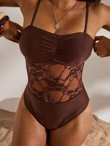 Women's Vacation Contrast Lace Ruffle Sexy One-Piece Swimsuit Summer Beach - Brown - View 1