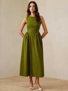Aveloria Rosie French Retro Minimalist Generous Elegant Elegant Women's Daily Commute Off Shoulder Waist Cinching Pleated Flared Dress, Sleeveless - Army Green - View 5