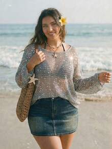 SHEIN ICON Plus Size Y2K Sequin Sheer Cover Up, Casual Sequin Loose Lantern Sleeve Vacation Cover Up, Suitable For Music Festival, Beach, Date - Grey - View 1