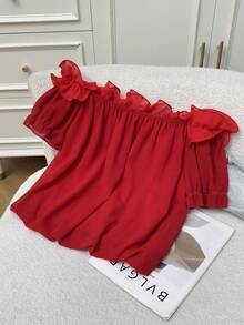 SHEIN Franclia Áo kiểu nữ thanh lịch, bèo nhún, trễ vai, dáng rộng - Màu Đỏ Sâu - Xem 2