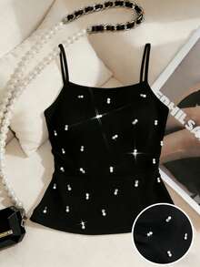 Revavyn Revavyn Women's Black Summer Elegant Ribbed Knit Cami Top,Spaghetti Strap Rhinestone & Pearl Embellished Peplum Camisole,Party Night Y2K Slim Blouse - Black - View 1