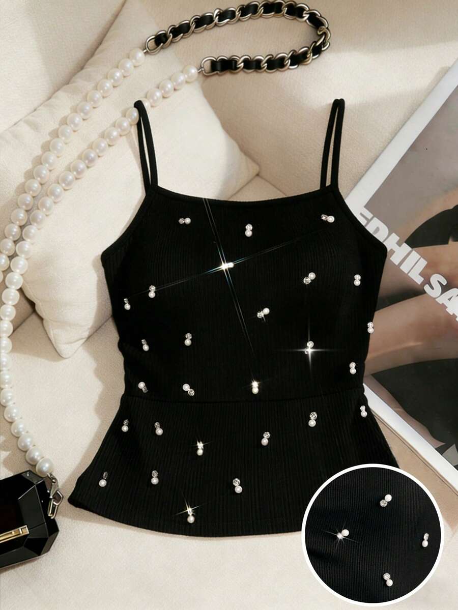 Revavyn Revavyn Women's Black Summer Elegant Ribbed Knit Cami Top,Spaghetti Strap Rhinestone & Pearl Embellished Peplum Camisole,Party Night Y2K Slim Blouse - Black - View 1
