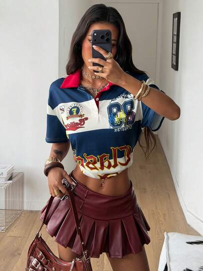 Coolane Camiseta polo de manga corta holgada con gráficos a rayas, estilo deportivo, vintage, preppy y Y2K, para salir, en el mismo estilo de pareja, para mujer, primavera/verano