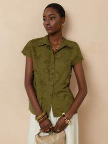 SHEIN Veneréa Women's Green Jacquard Drop Shoulder Short Sleeve Blouse - Green - View 5