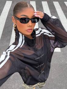 Muchica 女士黑色条纹网眼薄外套，带纽扣设计 - 黑色 - 查看 7