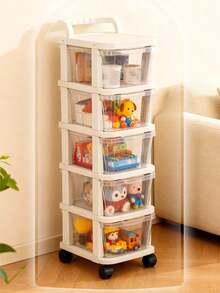 One Cream-Colored Plastic Storage Cabinet With Wheels And Drawers, Odorless, Suitable For Storing Snacks And Toys. - Multicolor - View 7