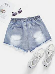 Breezaya Plus Size Women Summer Casual Fashionable Street Chic Daily Commute Distressed Frayed Hem Denim Shorts - Light Wash - View 2