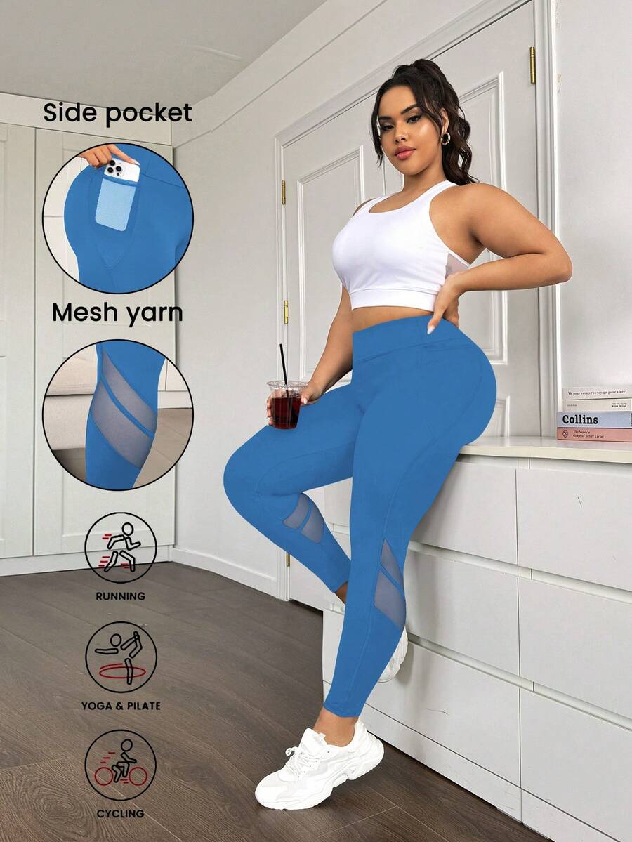 Rhythm Era High Waist Mesh Patchwork Slimming Lifting Sports Leggings With Side Pockets - Sky Blue - View 1