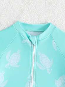 SHEIN 男童长袖连体泳衣套装，含泳帽，适合沙滩和水疗中心 - 綠色 - 查看 4