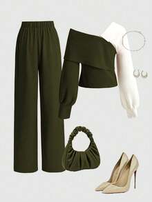Franclia 2pcs/Set V-Neck Contrast Color Patchwork Top And Straight Leg Pants, Casual Autumn/Winter - Army Green - View 2
