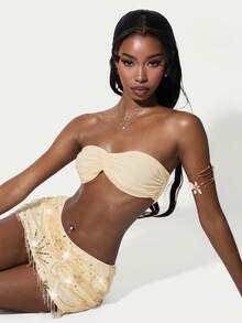 Amplova Vacation Beach Strapless Ruched Mesh Top & Low Waist Sequin Fringe Hem Skirt 2-Piece Set For Women - Light Yellow - View 5