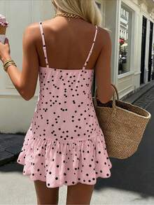 INAWLY 女士复古白色波点V领无袖连衣裙，饰有褶皱花卉图案，层叠泡泡裙摆，优雅法式风格，适合海滩度假、性感派对、音乐节、情人节、约会等场合，休闲浪漫迷你连衣裙 - 粉色 - 查看 2