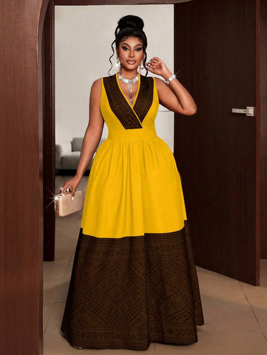 Maweii Vestido de fiesta elegante con cintura fruncida y parches para mujer de talla grande - Amarillo - Ver 1