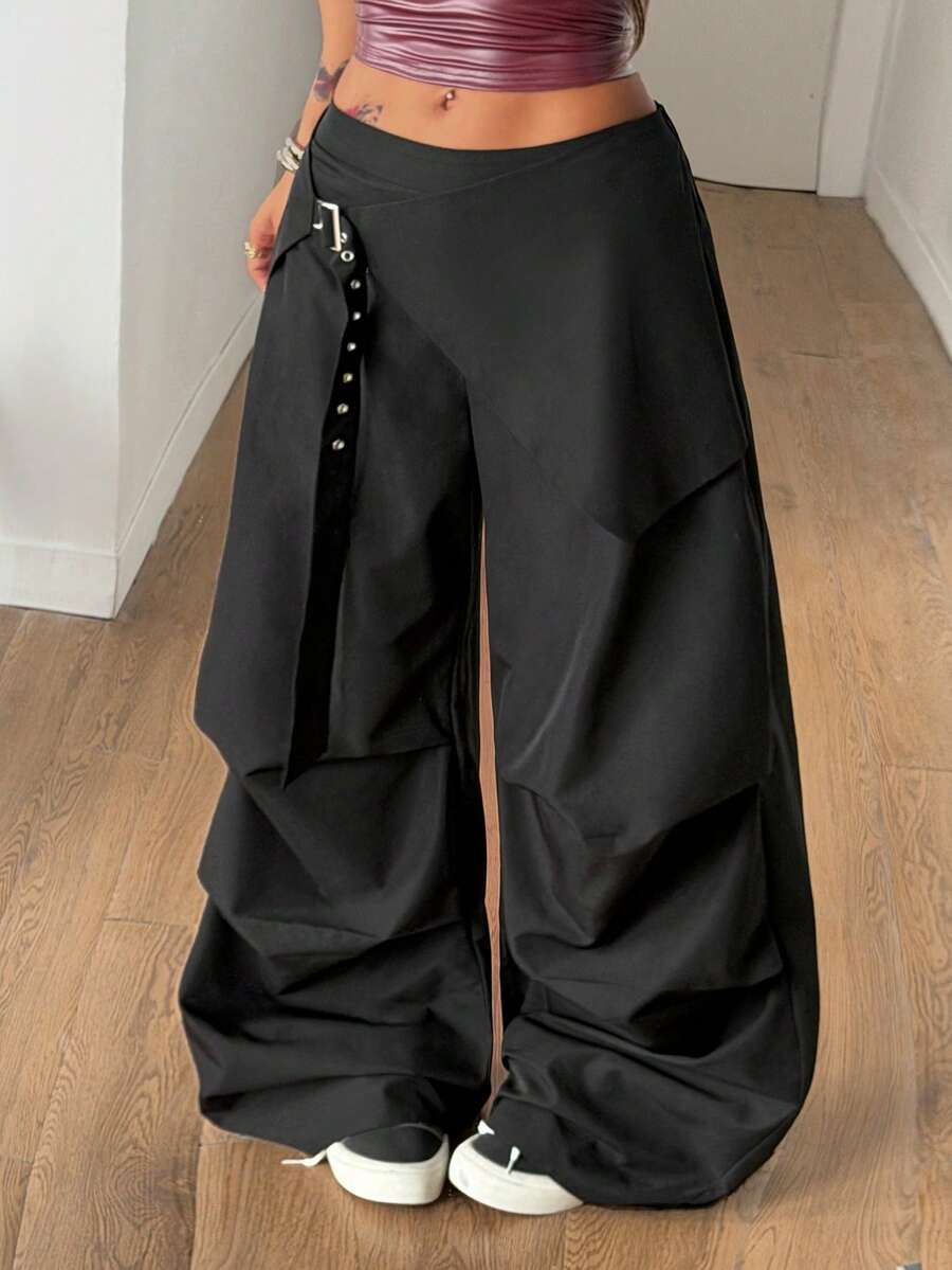 Coolane 女士黑色梭织阔腿低腰裤 - 黑色 - 查看 1