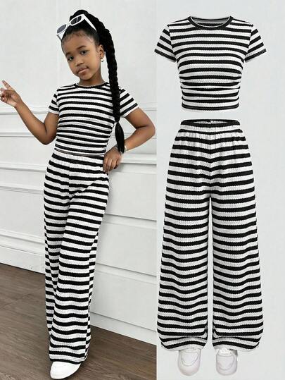 SHEIN 少女罗纹印花T恤和打底裤两件套，休闲日常时尚百搭